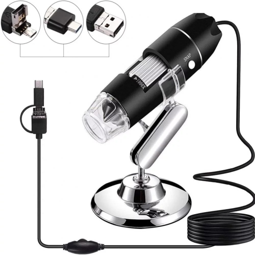 

1000X Magnifier HD 0.3MP Image Sensor 3 in 1 USB Digital Microscope with 8 LED & Professional Stand (Black)