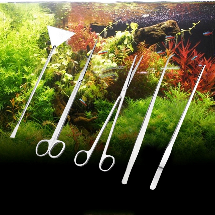 

5 PCS Stainless Steel Scissors, Tweezers, Clip and Flattening Tools, Tree Plant Grass Aquarium Fish Tank Landscape Trim Tools, Size: S