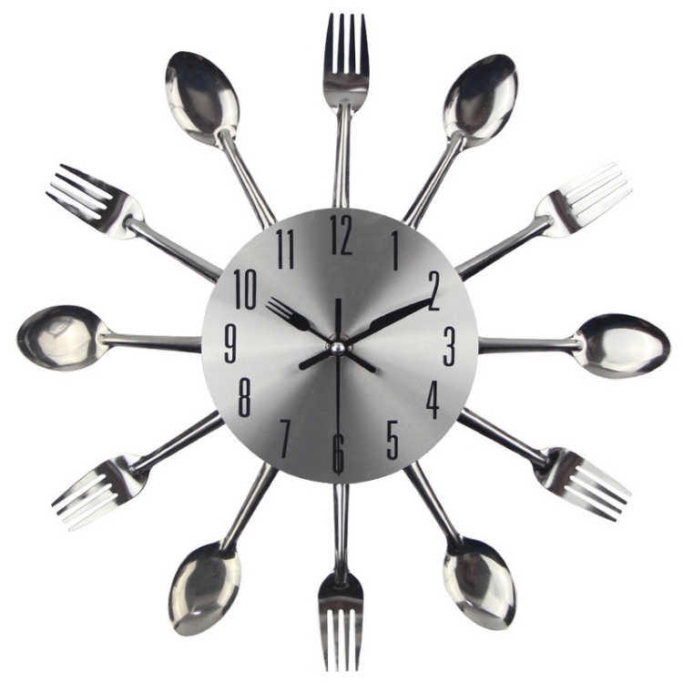 

Cutlery Metal Kitchen Wall Clock Spoon Fork Creative Quartz Wall Mounted Clocks Modern Design Decorative Horloge, Silver