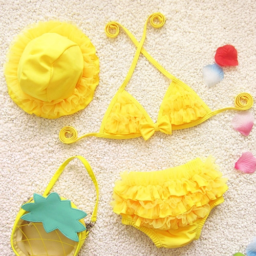 

Baby Girl Bikini Lace 3 Pieces Bikini Set Cute Swimsuit with Hat, Size: S(Yellow)