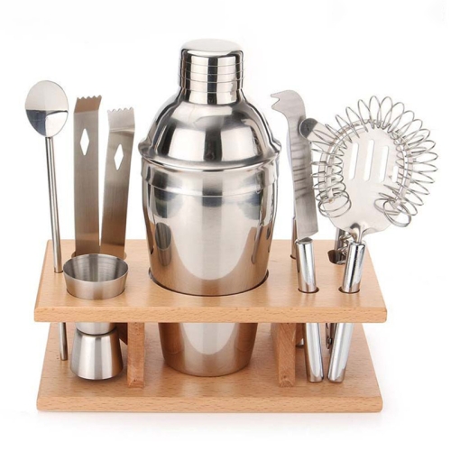 

9 in 1 Stainless Steel Cocktail Shaker Tools Set with Wooden Mount, Capacity: 350ml