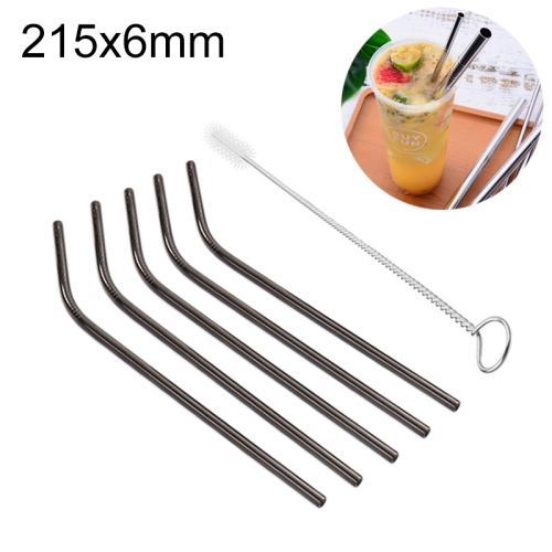 

5 PCS Reusable Stainless Steel Bent Drinking Straw + Cleaner Brush Set Kit, 215*6mm(Black)