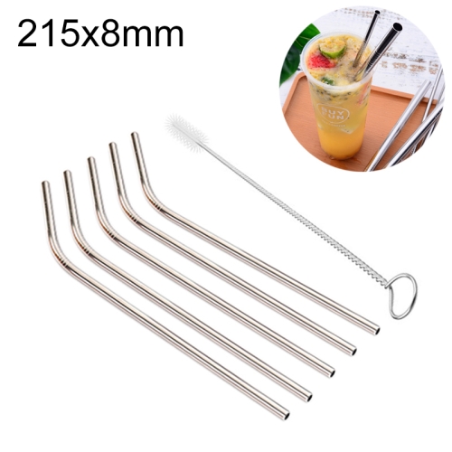 

5 PCS Reusable Stainless Steel Bent Drinking Straw + Cleaner Brush Set Kit, 215*8mm(Silver)