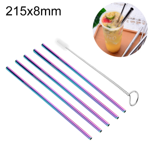 

5 PCS Reusable Stainless Steel Straight Drinking Straw + Cleaner Brush Set Kit, 215*8mm(Colour)