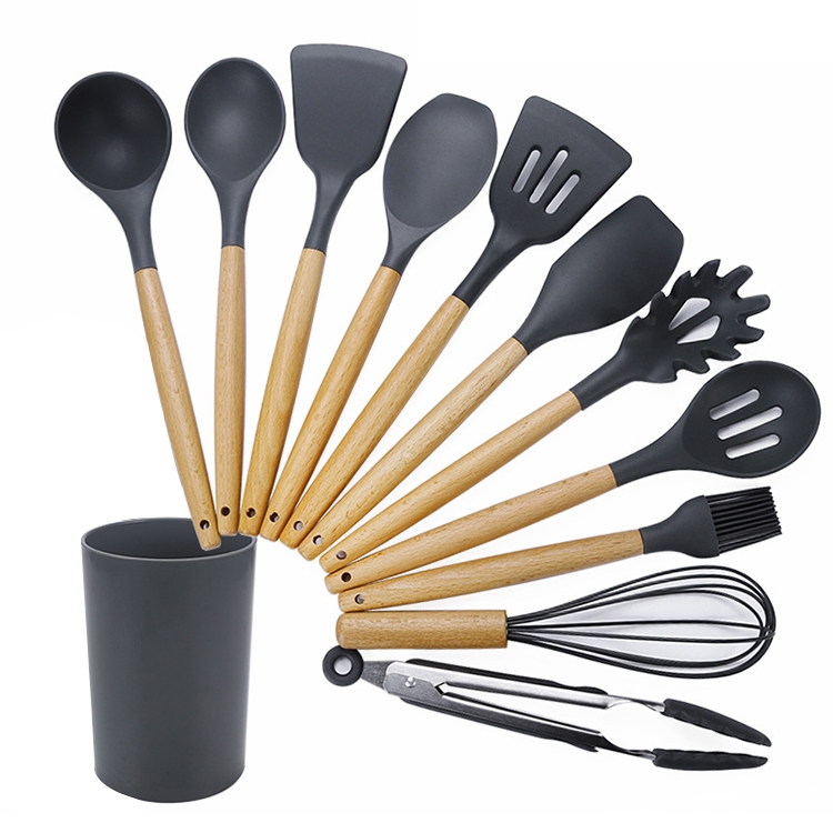

kn020 11 in 1 Wooden Handle Silicone Non-stick Spatula Spoon Kitchen Tool + Bucket Set