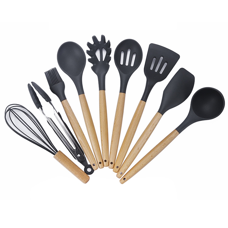 

kn020 9 in 1 B Version Wooden Handle Silicone Non-stick Spatula Spoon Kitchen Tool Set