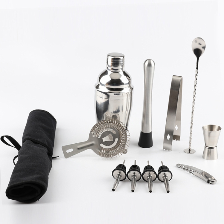 

12 in 1 Stainless Steel Wine Cocktail Shaker Tools Set with Cloth Bag, Capacity: 550ml