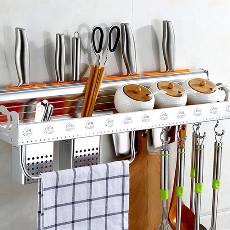 

60cm 2 Chopstick Cylinders 8 Hooks Kitchen Multi-function Single-layer Wall Hanging Knife Holder Storage Rack