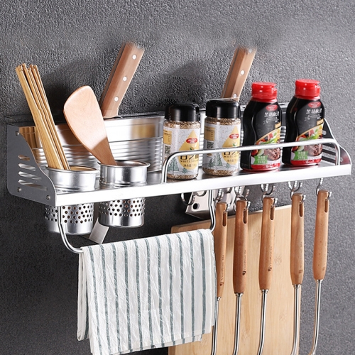 

60cm 2 Cups 10 Hooks Multi-function Kitchen Punching Wall-mounted Aluminum Edge Condiment Holder Storage Rack