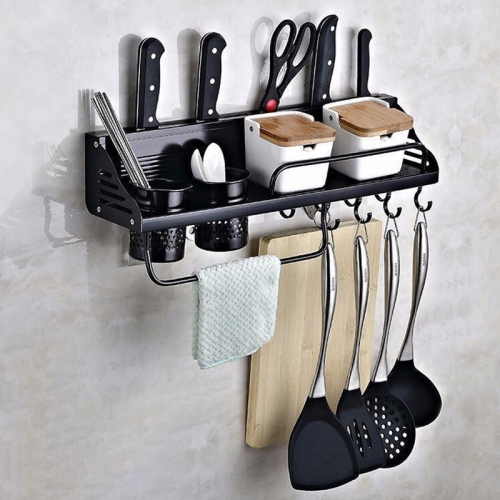 

A Version 50cm 2 Cup 8 Hooks Kitchen Multi-function Wall-mounted Condiment Holder Storage Rack(Black)