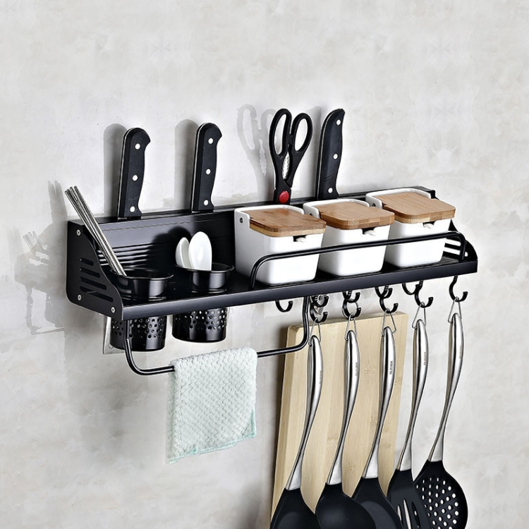

A Version 60cm 2 Cup 10 Hooks Kitchen Multi-function Wall-mounted Condiment Holder Storage Rack (Black)