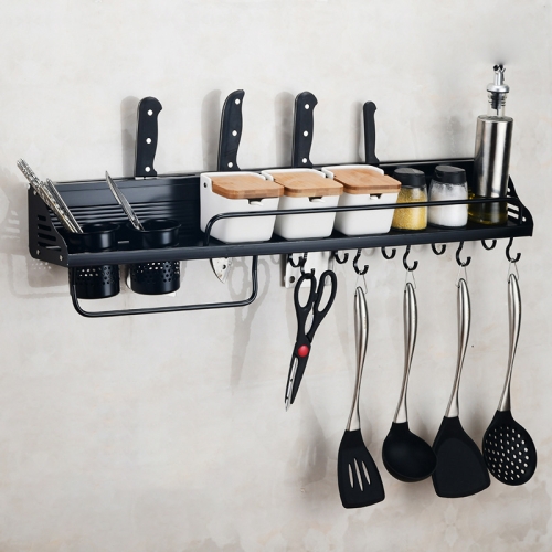 

A Version 80cm 2 Cups 10 Hooks Kitchen Multi-function Wall-mounted Condiment Holder Storage Rack (Black)