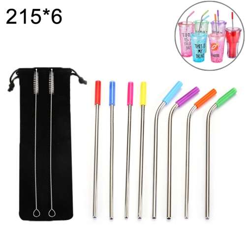 

8 PCS Reusable Silicone Tips Stainless Steel Drinking Straws + 2 PCS Cleaner Brushes Set Kit with Cashmere Bag, 215*6mm