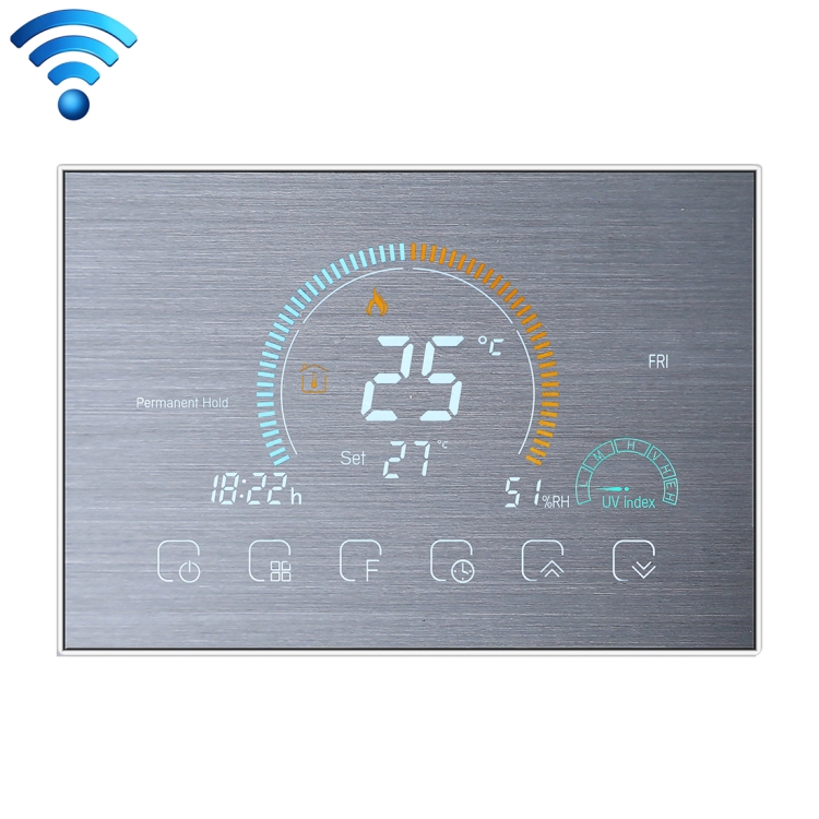 

BHT-8000WM-GALW-SS Brushed Stainless Steel Mirror Control Water Heating Energy-saving and Environmentally-friendly Smart Home Negative Display LCD Screen Round Room Thermostat with WiFi