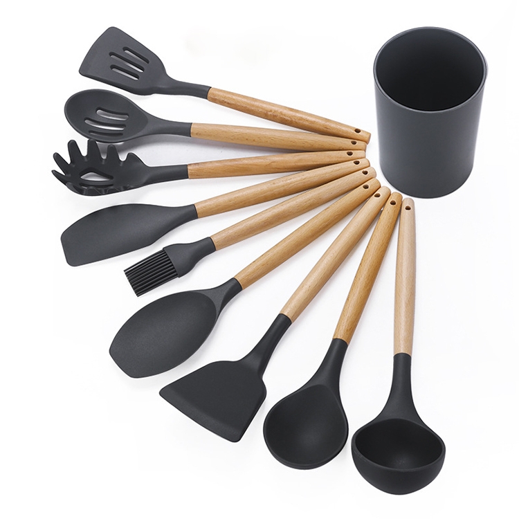

kn082 9 in 1 Wooden Handle Silicone Kitchen Tool Set with Storage Bucket(Black)
