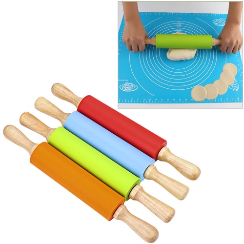 

kn055 Solid Wooden Handle Silicone Rolling Pin Non-stick Food Dumpling Stick, Length: 43cm, Random Color Delivery