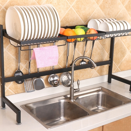 

92cm Stainless Steel Kitchen Bowl Fruit Basket Dish Drain Rack Storage Holder, Standrad Version (Black)