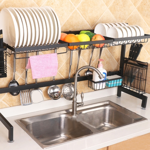 

92cm Stainless Steel Kitchen Bowl Dish Fruit Basket Knife Chopping Block Chopsticks Drain Rack Storage Holder, Deluxe Version (Black)