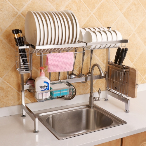 

62cm Stainless Steel Kitchen Bowl Dish Knife Chopping Block Chopsticks Drain Rack Storage Holder, Deluxe Version