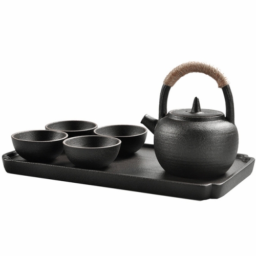 

Portable Travel Ceramics Loop Handle Pot Teapot Teacup Set with Tea Tray (Black)