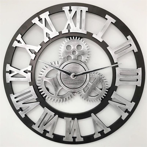 

Retro Wooden Round Single-sided Gear Clock Rome Number Wall Clock, Diameter: 35cm(Silver)