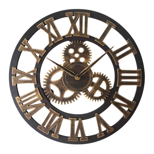 

Retro Wooden Round Single-sided Gear Clock Rome Number Wall Clock, Diameter: 40cm (Gold)