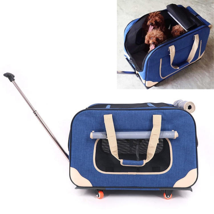 

DODOPET Outdoor Portable Foldable Four Wheels Cat Dog Pet Carrier Bag Draw Bar Box (Blue)