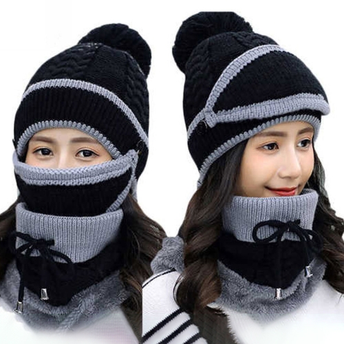 

Winter Thick and Plush Warm Ear Protection knitted Hats Set, Windproof Winter Mask + Scarf + Hat for Female (Black)