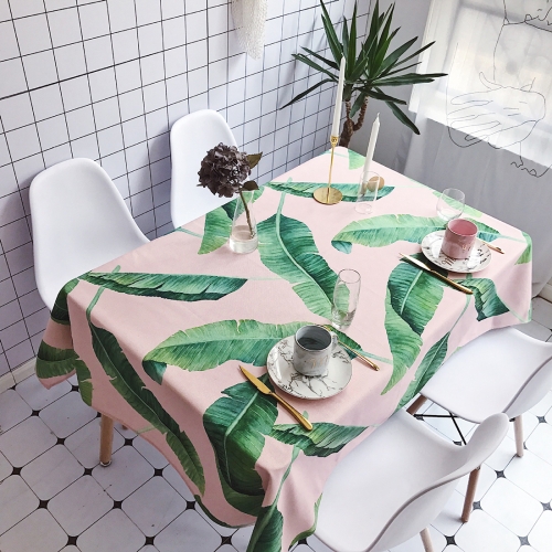 

Pink Background Green Leaves Pattern Waterproof Anti-scalding Rectangle Cotton and Linen Table Cloth, Size: 140 x 100cm