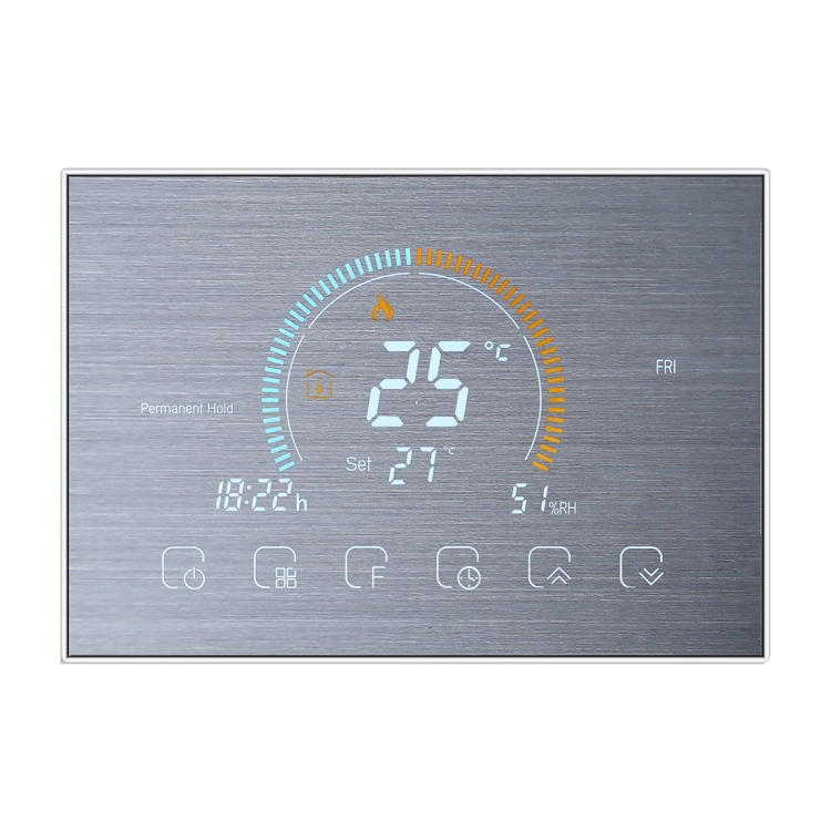 

BHT-8000WM-GC-SS Brushed Stainless Steel Mirror Energy-saving and Environmentally-friendly Smart Home Negative Display LCD Screen Round Room Thermostat without WiFi