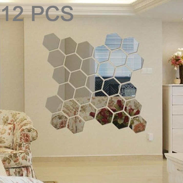 

12 PCS 3D Hexagonal Mirror Wall Stickers Set, Size: 8*8cm(Silver)