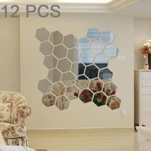 

12 PCS 3D Hexagonal Mirror Wall Stickers Set, Size: 4*4cm (Silver)