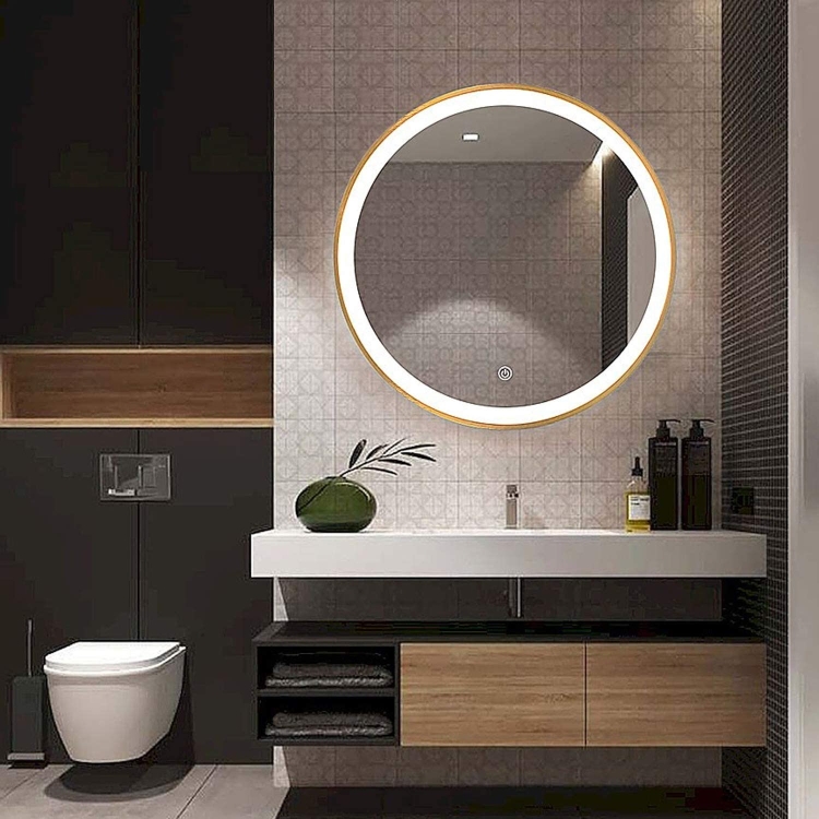 

[US Warehouse] 19.7 inch Wall-mounted Round Metal Frame Plane Mirror Bathroom Vanity Mirror with Touch LED Light(Gold)