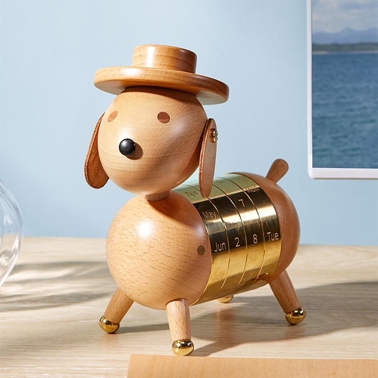 

Wooden Crafts Gentleman Dog Calendar Creative Decorations,, Material: Beech (Gold)