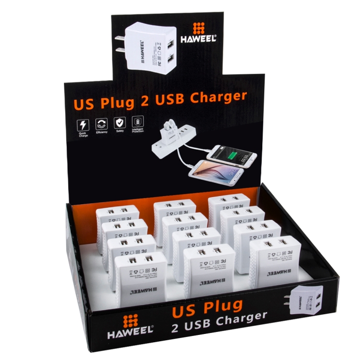 

12 PCS HAWEEL 2 USB Ports Max 3.1A Travel Charger Kit with Display Stand Box, US Plug, For iPhone, Galaxy, Huawei, Xiaomi, LG, HTC and other Smartphones