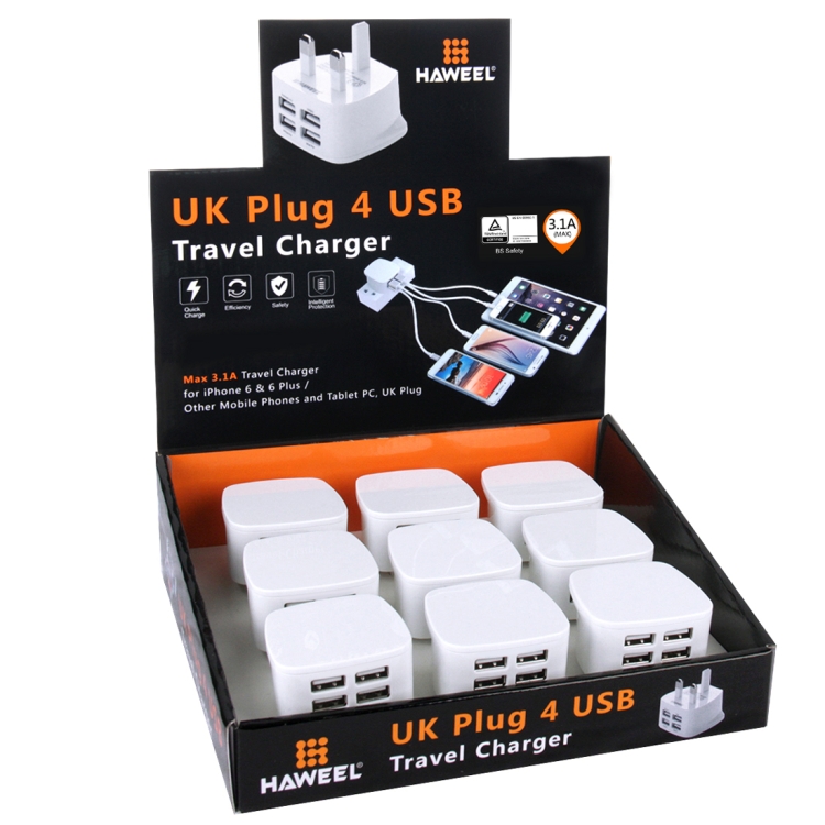 

[BS Certification] 9 PCS UK Plug HAWEEL 4 USB Ports Max 3.1A Travel Charger Kits with Display Stand Box, For iPhone, Galaxy, Huawei, Xiaomi, LG, HTC and other Smartphones