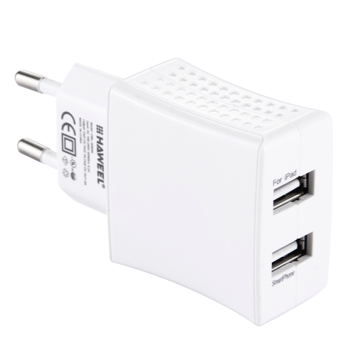 

HAWEEL 2 USB Ports Max 3.1A Travel Charger, EU Plug, For iPhone, iPad, Galaxy, Huawei, Xiaomi, LG, HTC and Other Smart Phones(White)