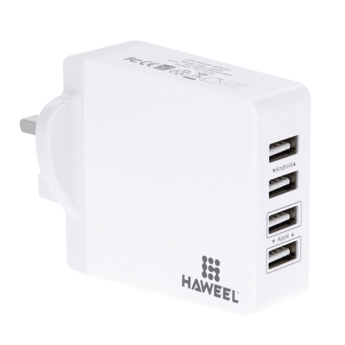 

HAWEEL 4 Ports USB 3.1A Travel Wall Charger, UK Plug, with CE & RoHS Certification, For iPhone, iPad, Galaxy, Huawei, Xiaomi, LG, HTC and other Smart Phones(White)