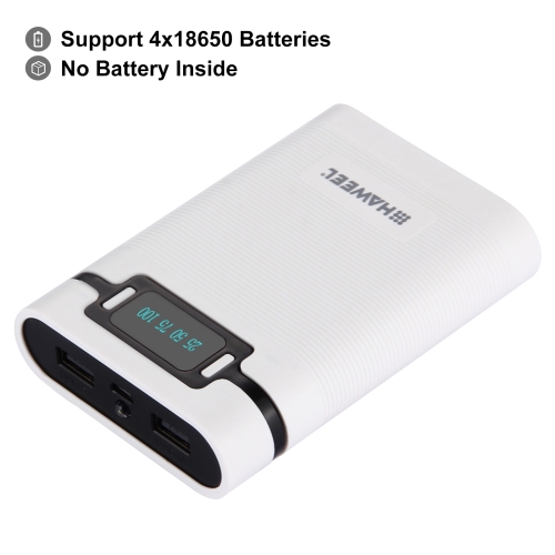 HAWEEL DIY 4x 18650 Battery (Not Included) 10000mAh Power Bank Shell Box with 2x USB Output & Display, For iPhone, Galaxy, Sony, HTC, Google, Huawei, Xiaomi, Lenovo and other Smartphones(White)