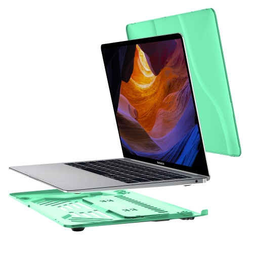 

Multi-function Ultra-thin Translucent Heat Dissipation Laptop PC Protective Case for MacBook Air 13.3 inch(2018), with Holder & Handle & Slip-resistant Feet (Green)