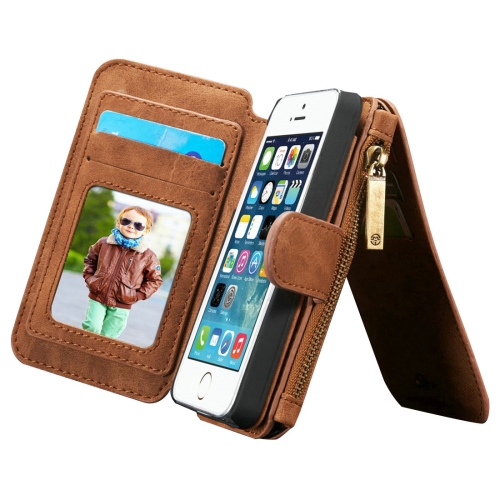 

CaseMe for iPhone SE & 5s & 5 Multifunctional Leather Billfold with Detachable Magnetic PC Protective Case & 13 Card Slots & 1 Photo Frames & 1 Zipper Wallet & 2 Magnetic Clasps & Holder(Brown)