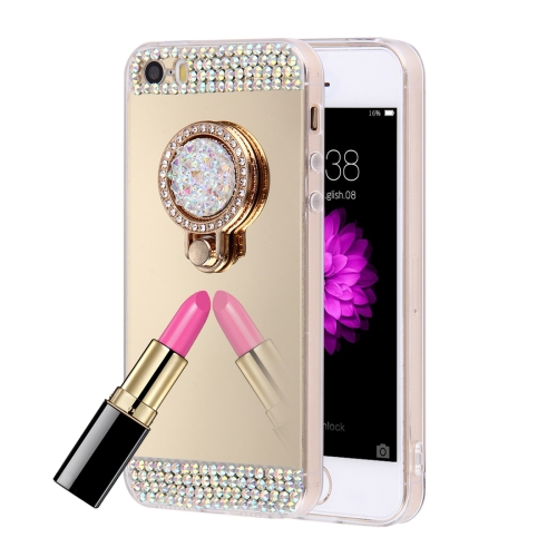 

For iPhone 5 & 5s & SE Diamond Encrusted Electroplating Mirror Protective Cover Case with Hidden Ring Holder (Gold)