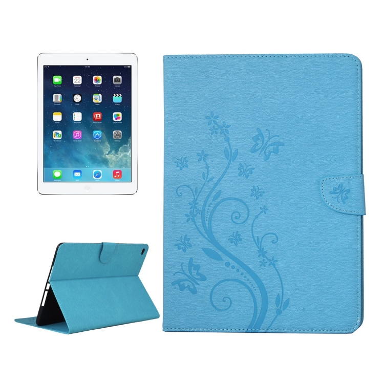 

For iPad Air 2 Pressed Flowers Butterfly Pattern Horizontal Flip PU Leather Case with Magnetic Buckle & Holder & Card Slots & Wallet(Blue)