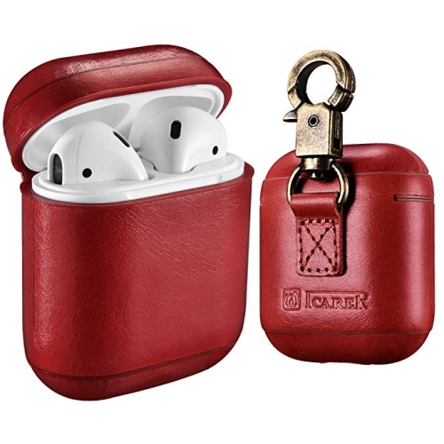 

ICARER Genuine Leather Anti-lost Dropproof Wireless Earphones Charging Box Protective Case for Apple AirPods 1/2, with Clasp(Red)