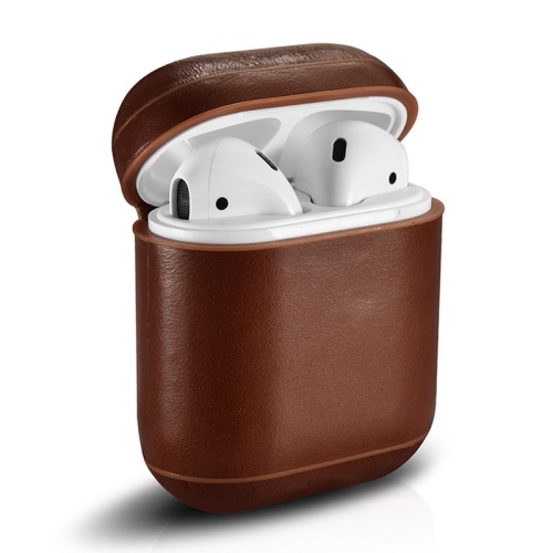 

ICARER Genuine Leather Anti-lost Dropproof Wireless Earphones Charging Box Protective Case for Apple AirPods 1/2(Brown)