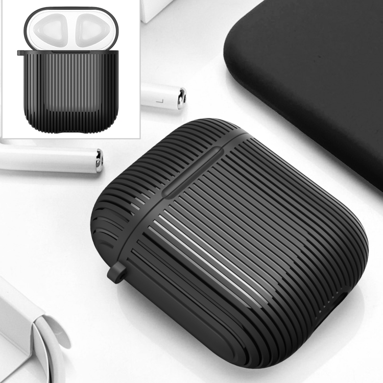 

HX-0010-TW Anti-fall TPU Stripe Wireless Bluetooth Earphone Protective Case for Apple AirPods 1, with Hang Buckle (Black)
