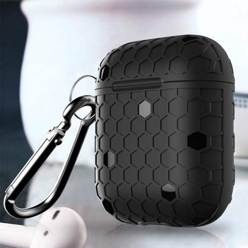 

HX-0010-ZQW Anti-fall TPU Football Texture Wireless Bluetooth Earphone Protective Case for Apple AirPods 1, with Hang Buckle(Black)