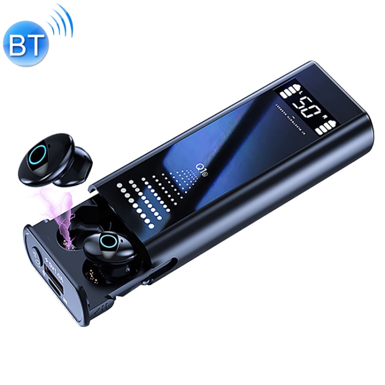 

Q1S Multifunctional Wireless Bluetooth Earphone with LED Display & Charging Box & Power Bank & Flashlight (Black)