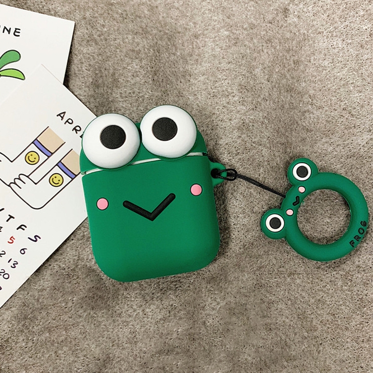 

For Airpods Cartoon Little Frog Shape Silicone Earphone Protective Case with Ring Buckle(Green)