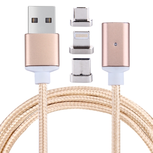 

1m 2.4A Magnetic Cable Woven Style 3 in 1 Micro USB / USB-C / Type-C / 8 Pin to USB 2.0 Data Sync Charging Cable, For iPhone / iPad / Galaxy / Huawei / Xiaomi / LG / HTC / Meizu and Other Smart Phones(Gold)